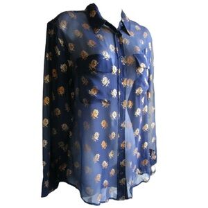 Equipment Femme Navy gold floral sheer long sleeve button front silk blouse SM